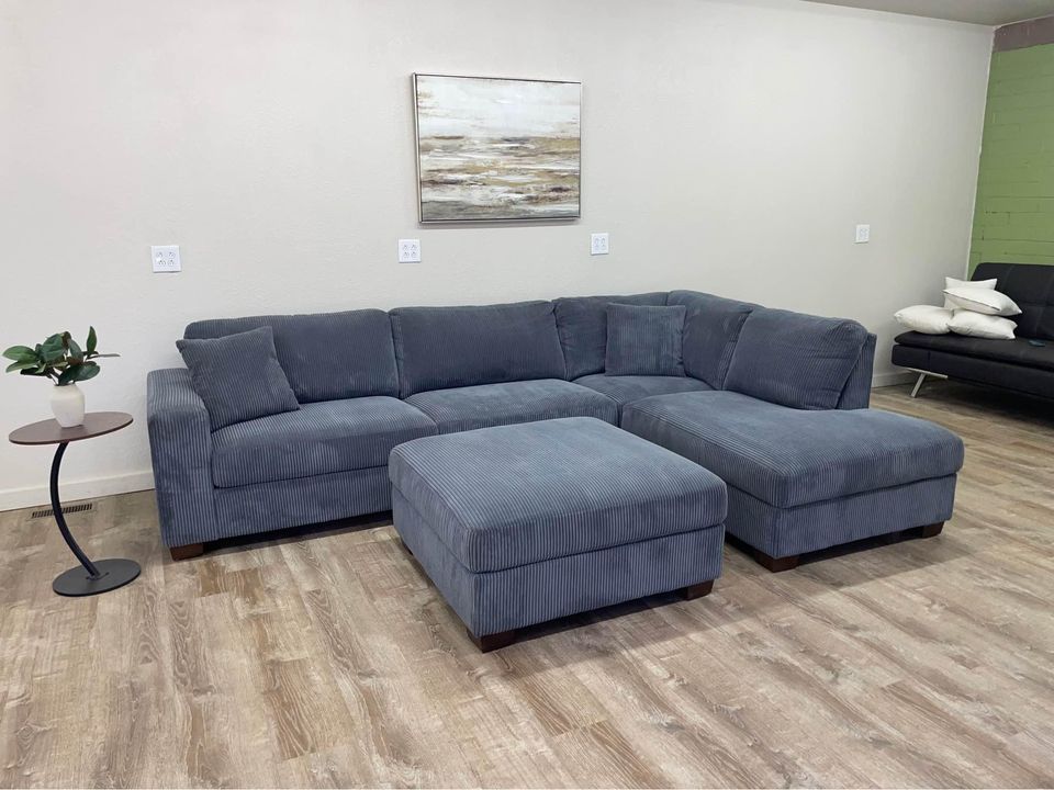 Thomasville Artesia Corduroy Fabric Sectional with Ottoman
