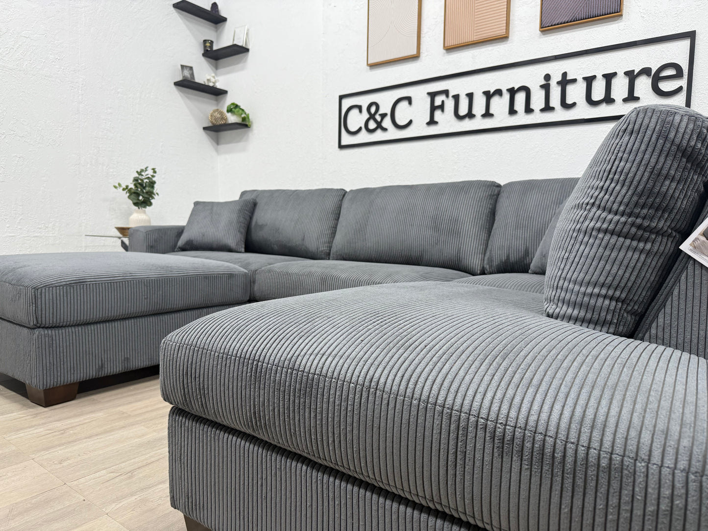 Thomasville Artesia Corduroy Fabric Sectional with Ottoman